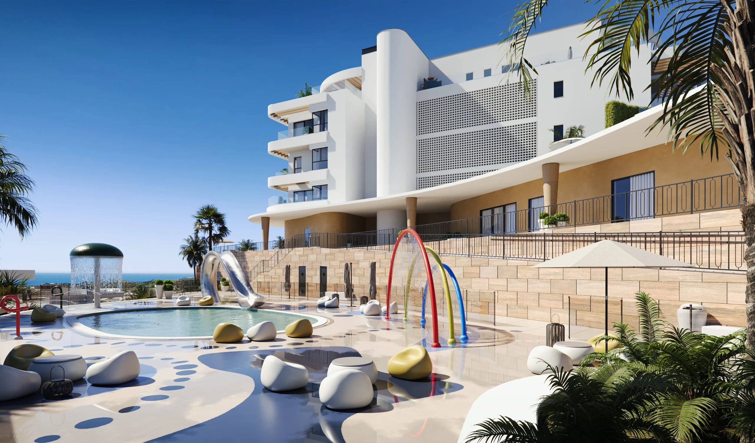 Modern hotel pool with slides