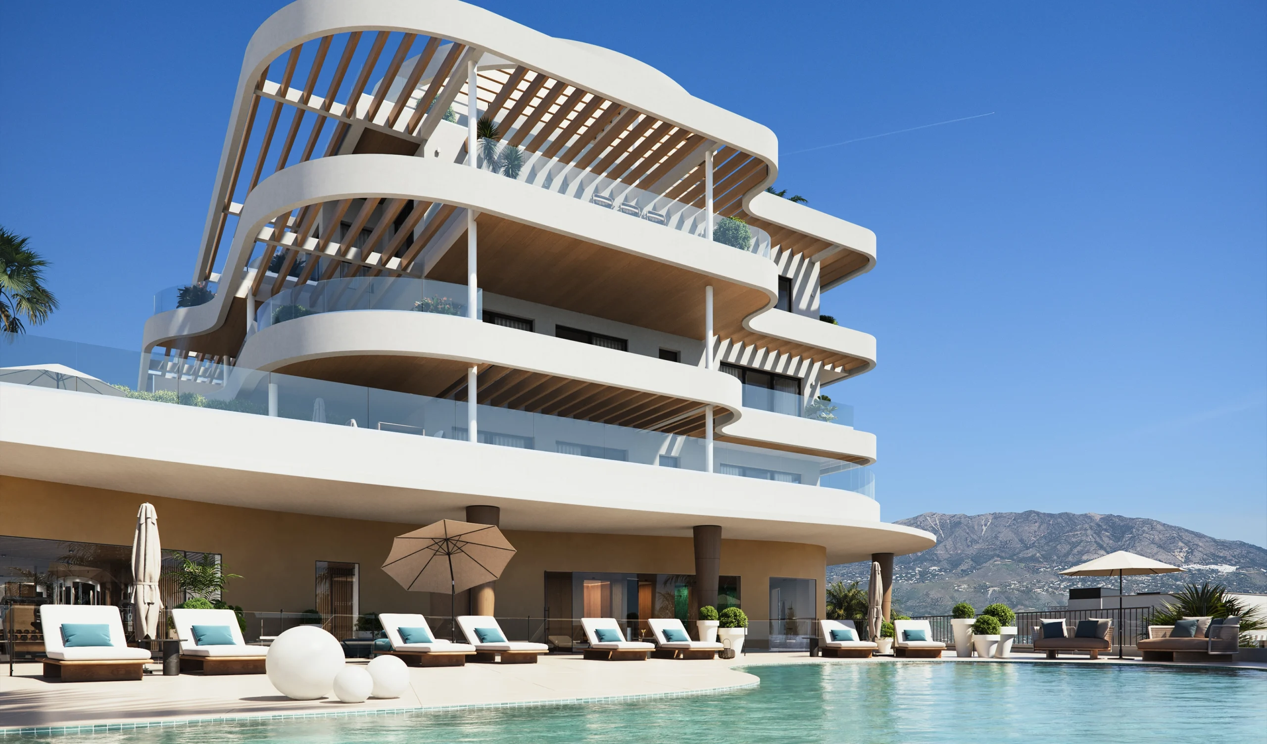 building view from pool 360 by Cordia apartments for sale Mijas