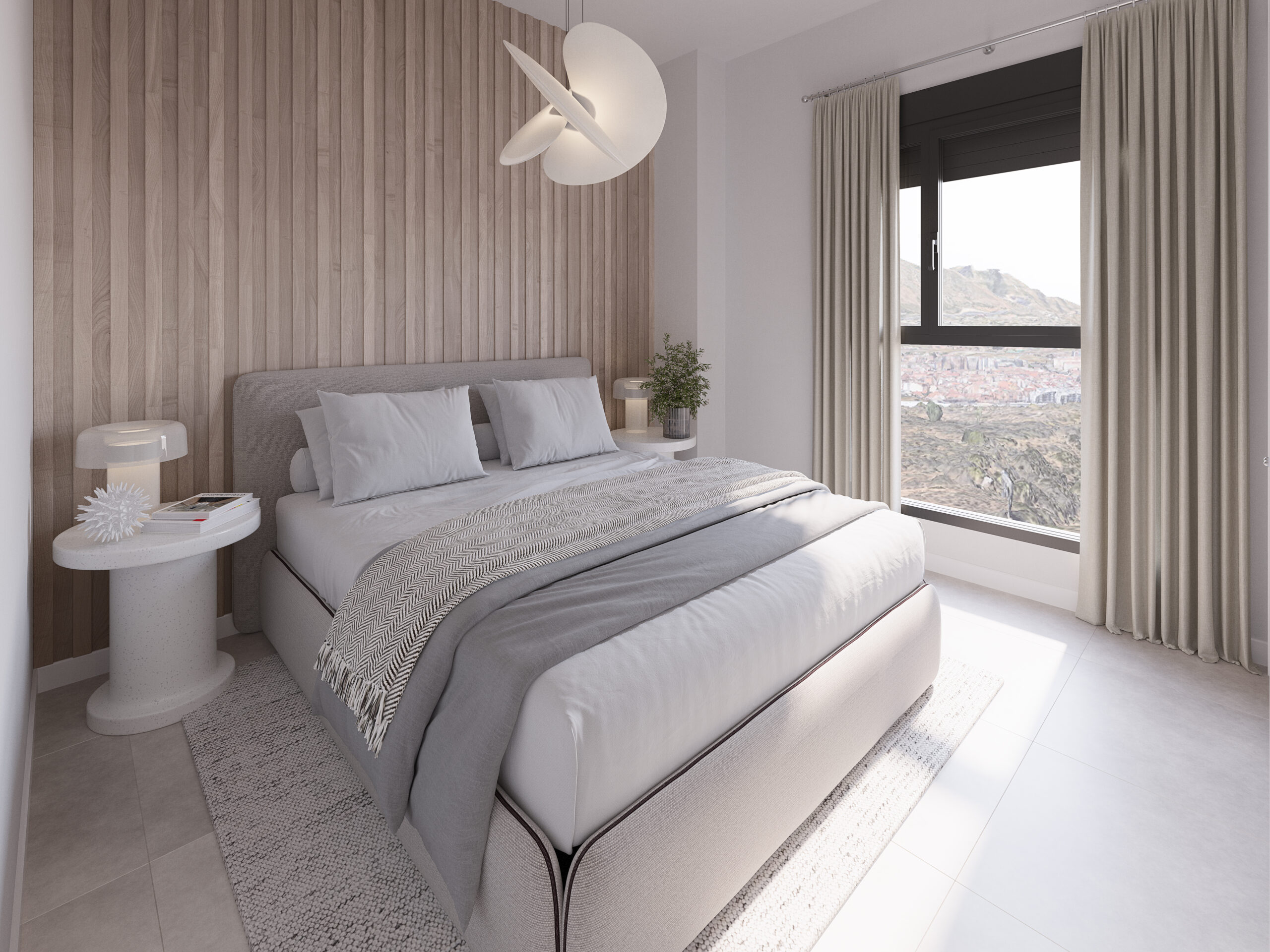 Modern bedroom with scenic view.