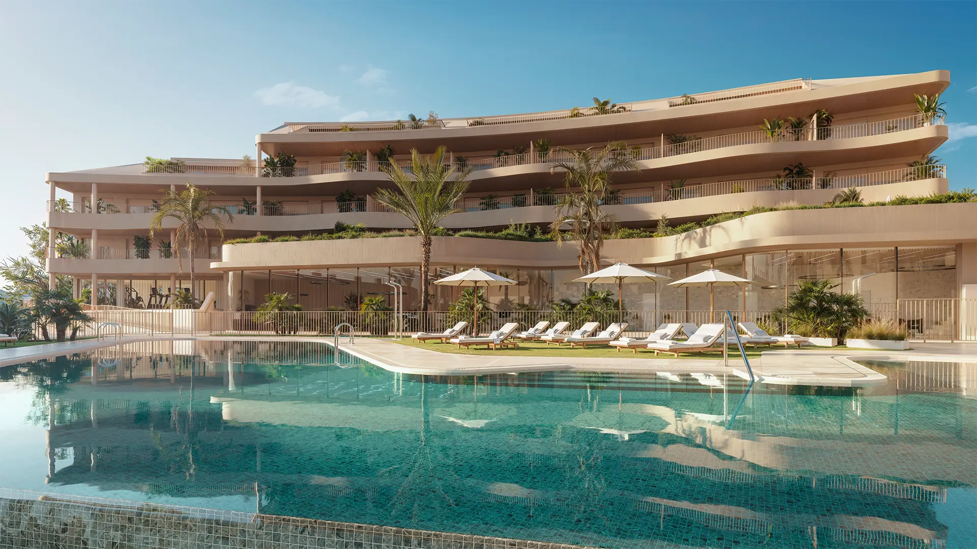 Evoque Residences Fuengirola achtertuin met zwembad appartementen te koop