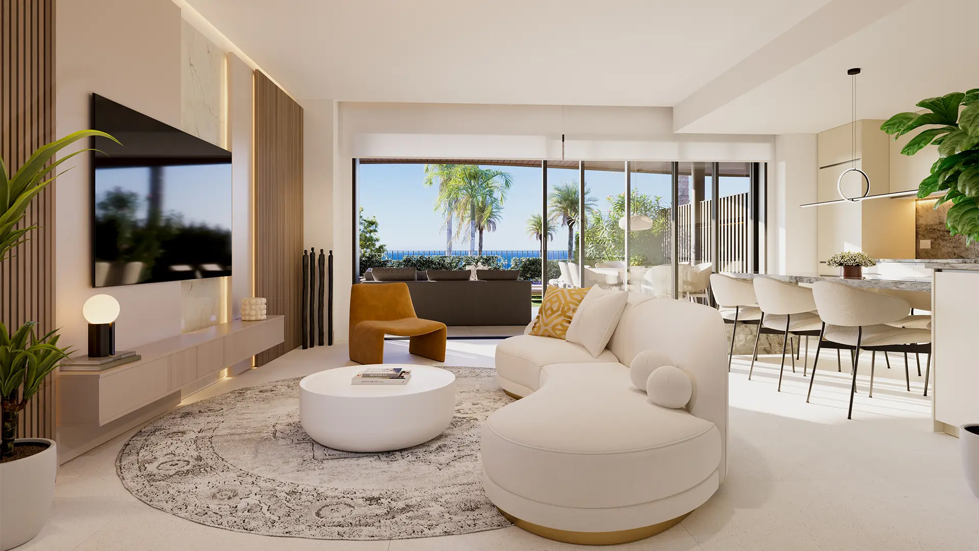 woonkamer met tuin terras zeezicht Evoque Residences Fuengirola